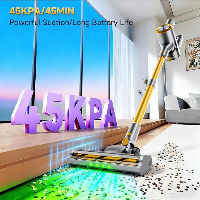 Shieal Cordless Stick Vacuum Cleaner - 45KPA Powerful Suction Vacuum with 45 Min Runtime, Detachable Battery, Anti-Tangle & 1.5L Dust Cup, 8 in 1 Vacuum Cleaner for Pet Hair, Carpet, HardFloor, Yellow