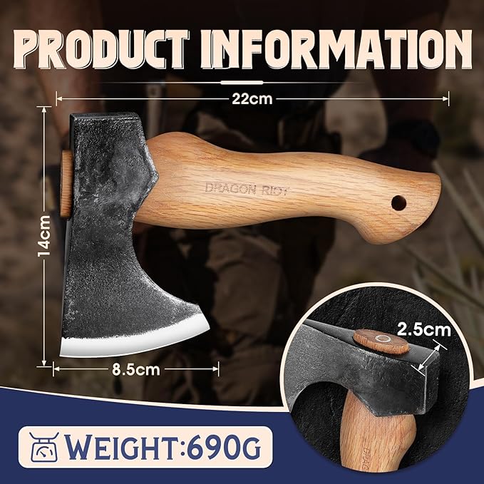 DRAGON RIOT 8.5 inch Camping Axes and Hatchets, Bushcraft Axe for Wood Splitting and Kindling, Hand Forged Carbon Steel Hatchets Axe, Ash Wood Handle, Retro Sheath with Gift Box