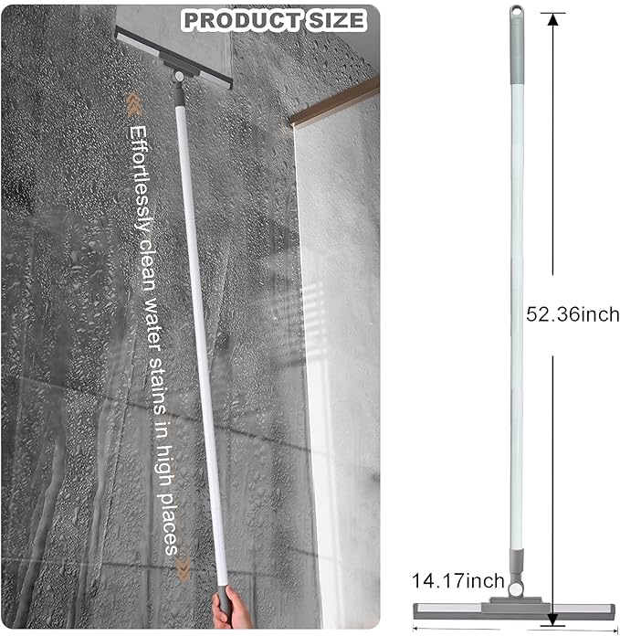 Floor Squeegee - 52 Inch Adjustable Long Handle 14.2 Inch Rubber Blade 180° Rotatable Head Heavy Duty Squeegee Broom for Floor Window Bathroom Tile Garage Concrete Shower Patio (White)