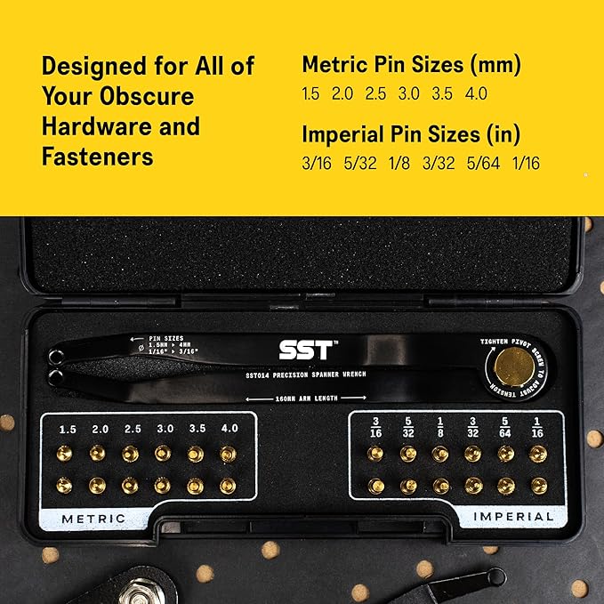 SST® - Precision Spanner Wrench – For Obscure Hardware & Fasteners – Includes 12 Metric & Imperial Steel Pin Sizes – Adjustable Tension – 160mm Arm – 180° Movement – With Storage Case