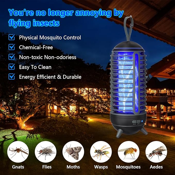 Cordless Bug Zapper Outdoor Rechargeable 2 in 1 Wireless Mosquito Killer Lamp 2500mAh Bug Zapper Electric Trap Ideal Fly Zapper Indoor for Patio, Home, Backyard, Yard, Garden, Campsite (Black)