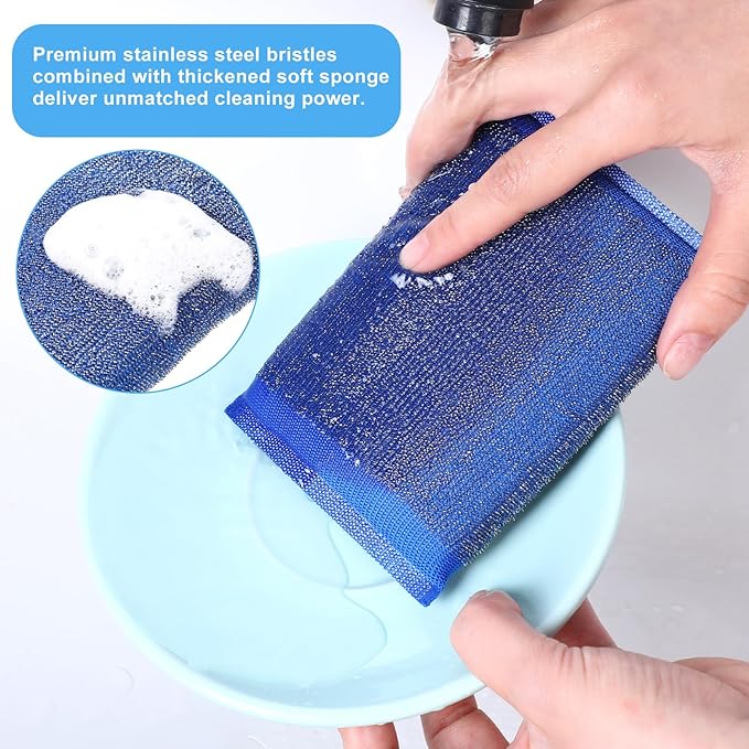 6 Pack Steel Wool Scrubber Sponges, Heavy Duty Stainless Steel Scouring Pads Reusable Non Scratch Metal Sponges Hand-Friendly Kitchen Cleaning Tool for Pots and Pans Tough Grease & Grime (3 Colors)