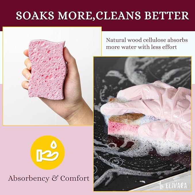 Kitchen Sponges – 12 Pack – Non-Scratch Dual-Sided Cellulose Scrub Sponges for Dishes, Pots, and Pans – Durable, Absorbent, and Reusable (Brown/Pink)