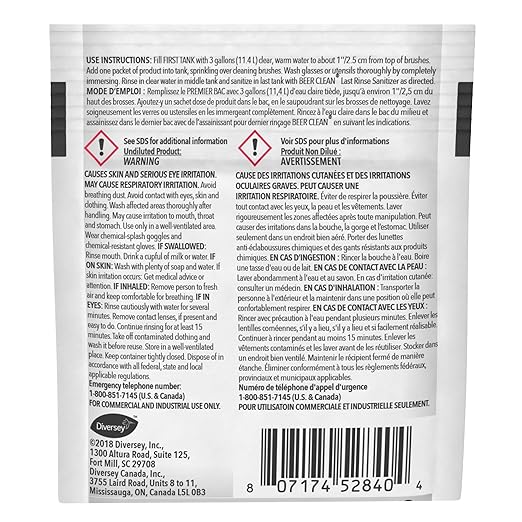 BEER CLEAN 990224 Low Suds Glass Cleaner, Restaurant Barware & Glassware Cleaner for Auto Brush, Powder Packets, 0.5-Ounce (Pack of 100)