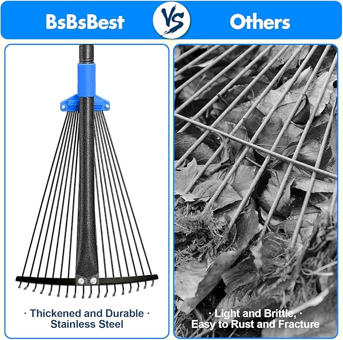BsBsBest 75" Rake for Leaves with 18 Metal Tines 10-18" Expandable Head Rakes Adjustable Handle for Lawn Leaf Rake Yard Tools for Collecting Leaves, Grass Clippings, Garbage Blue