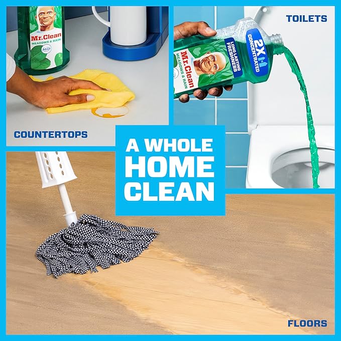 Mr. Clean All Purpose Cleaner, Floor Cleaner for Mopping Home, Bathroom, & Kitchen, Cleaning Liquid for Mop & Bucket, Cleaning Supplies, Multi-Surface Dilutable, Meadows & Rain, 41oz (Pack of 2)