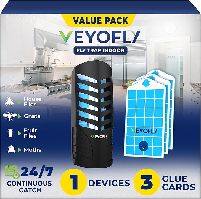 VEYOFLY Fruit Fly Traps for Indoors, Fly Trap Indoor, (1 Device + 3 Refills) Fly Catcher Indoor, Gnat Traps for House Indoor, Fly Trap, Plug in Light Flying Insect Trap, Bug Killer