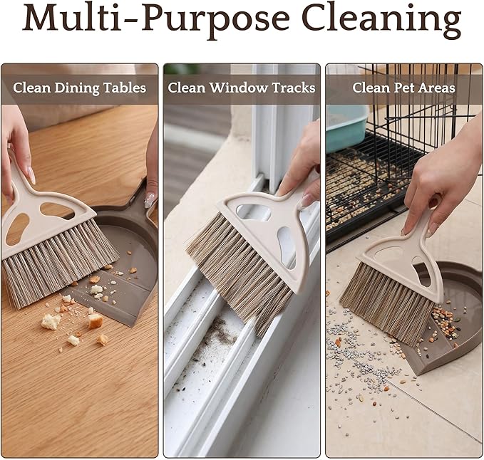 Mini Broom and Dustpan Set, Small Handheld Broom and Dustpan for Desk, Clip-On Hand Brush for Keyboard, Car Interior, Countertop, and Cat Litter Cleaning, Brown