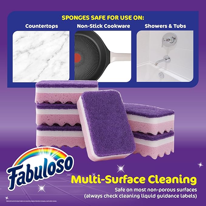 Fabuloso Scratch-Free Kitchen Dish Sponges, Purple Cellulose Scrubber Sponge with Scouring Pad for Dishes, Pots, Pans, Counters and Sinks, Tough on Messes, 4.25 x 2.75 x 1.25 in, 6 Count