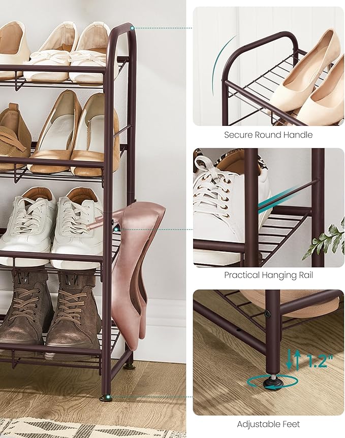 SONGMICS Stackable Shoe Rack, 4 Tier Metal Shoes Rack Storage Shelf, Holds up to 16 Pairs Shoes, Adjustable Slanted Shelves Tower Organizer for Closet Entryway Small Spaces, Bronze