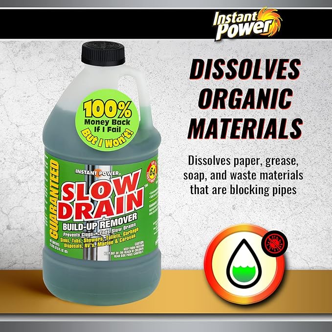 Instant Power Slow Drain Build Up Remover – Prevents Clogs, Ends Slow Drains for Sinks,Tubs, Showers, Toilets, Disposals, RVs, 2 Liters