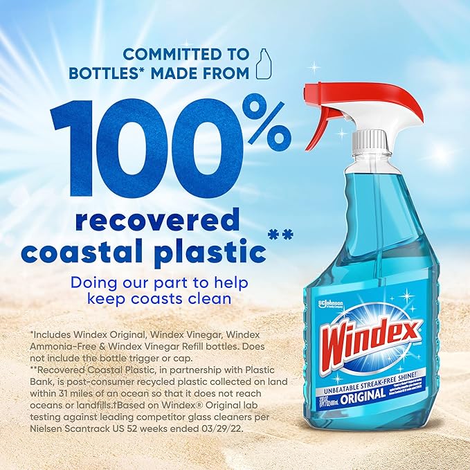 Windex Glass and Window Cleaner Spray Bottle, Bottle Made of 100% Recycled Plastic, Surface Cleaning Spray, Original Blue Scent, 32 Fl Oz