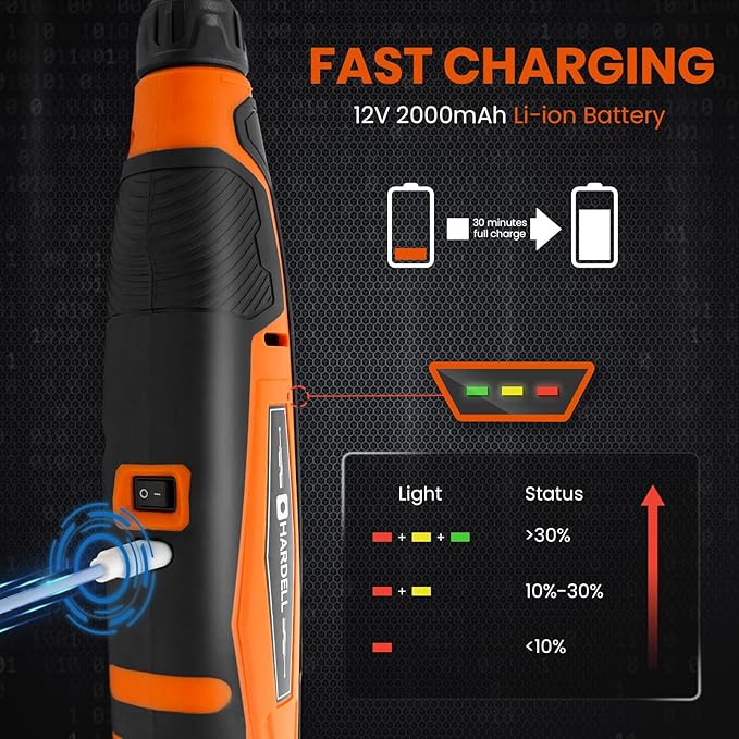 HARDELL 12V Cordless Rotary Tool, 6-Speeds Rotary Tool Kit, 30000RPM Power Rotary Tools with 94 Accessories for Engraving, Sanding, Polishing, Cutting, Carving, DIY and Craft Projects