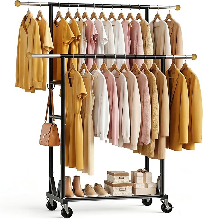 Rolling Garment Rack - Double Rod Clothes Rack with Lockable Casters, Mesh Storage Shelf & Anti-Slip Wooden Finials accented - Sleek Black Freestanding Closet Organizer for Coats, Dresses
