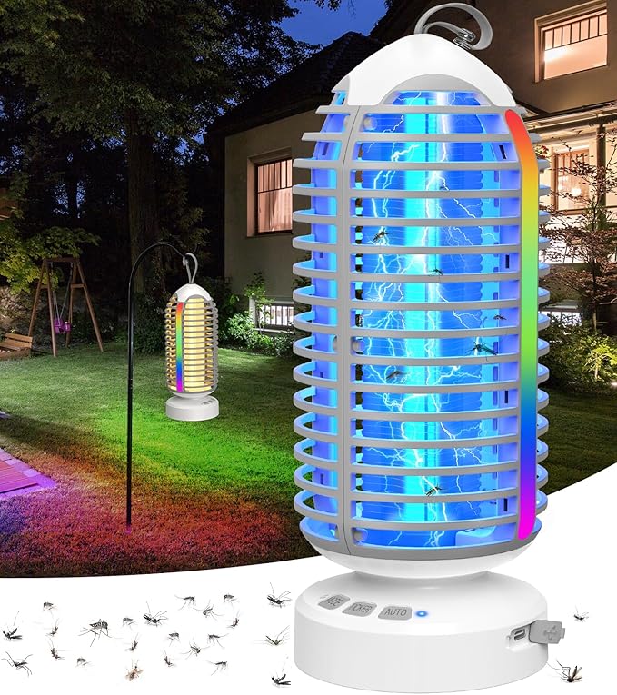 Bug Zapper Outdoor with Colorful Lighting and Auto-Sensing, 3 in 1 Cordless 4000mAh Battery Electric Fly Trap, Rechargeable Mosquito Zapper for Camping, Patios, Garden, Kitchen (1Pack-Grey)