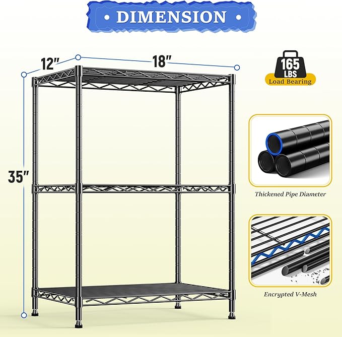 DurayLoly 3 Tier Metal Wire Storage Shelves,Adjustable Small Wire Shelving Unit,Utility Storage Rack for Kitchen,Bedroom,Laundry Room,Pantry & Office,17.7”Wx11.8”Dx35.4”H,Black,2pc