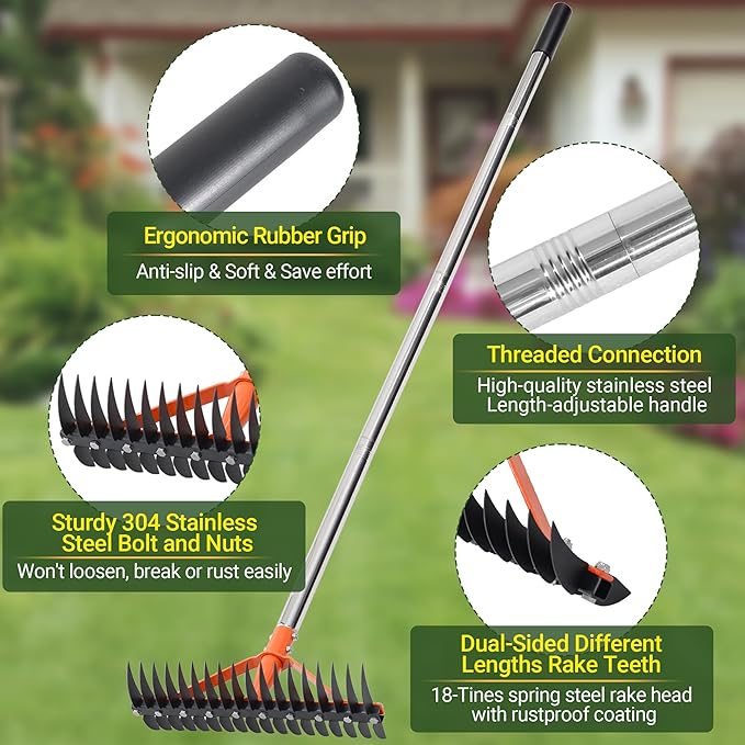 Thatch Rake for Lawns 18 Sharp Tempered Spring Steel Tines Dethatcher Rake Heavy Duty Dethatching Rakes with 62.5" Adjustable Stainless Steel Handle for Lawn Care，Dead Grass, Garden, Yard