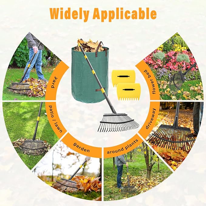 25-Tine Metal Leaf Rake Set with Adjustable Handle, 32-Gallon Bag & Leaf Scoops for Effortless Yard Cleanup, Heavy Duty Sturdy Garden Rake for Lawns, Backyard, Fall & Spring Cleaning 6FT