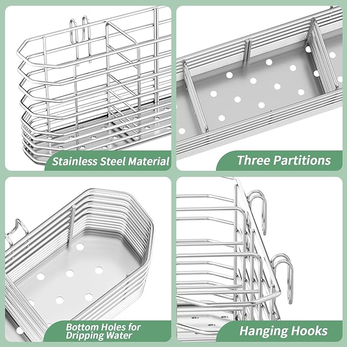 Fanbsy 304 Stainless Steel Utensil Holder, Dish Drying Rack, Kitchen Utensil Organizer, Knife and Fork Drainage Rack, Kitchen Drainage Basket Accessories, with Hooks, Rust Proof