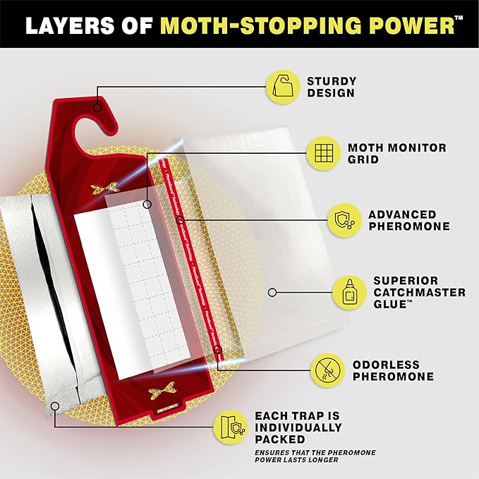 Catchmaster Clothing Moth Traps with Premium Extra Strength Odorless Pheromone Technology – Red, XL, Extra-Strength Glue – Traps & Targets Casemaking and Webbing Moths - 6-Pack