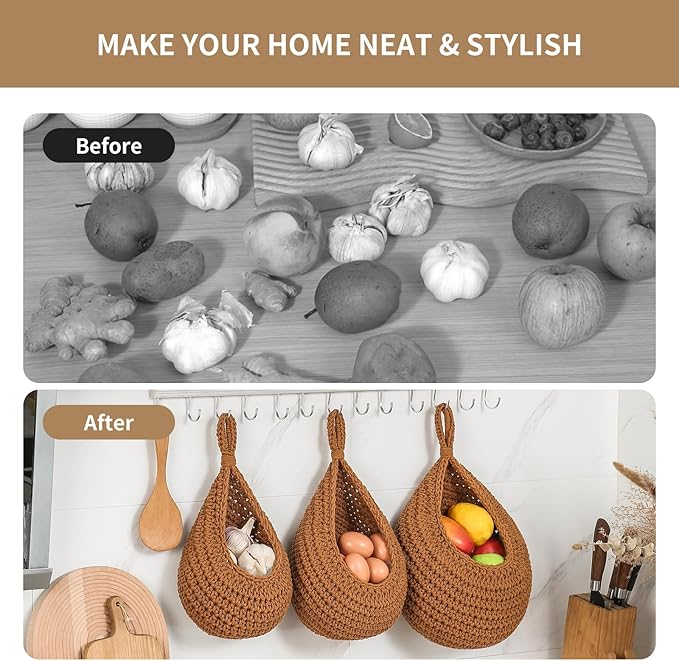 Boho Wall Hanging Fruit Baskets for Kitchen 3 Pack Woven Produce Holder with 6 Pcs Strong Hooks Vegetable Hanging Basket for Organizing Teardrop Home Wall Potato Onion Storage, Caramel