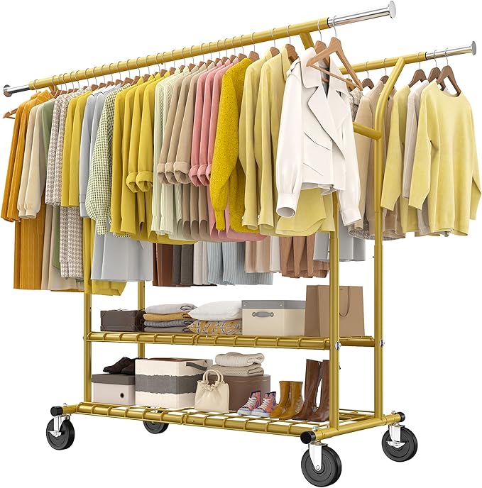 Raybee 74" W Clothes Rack Load 630 LBS, Clothing Racks for Hanging Clothes, Adjustable Heavy Duty Clothes Rack, Double Rods Metal Garment Rack for Bedroom Wardorbe Closet Living Room