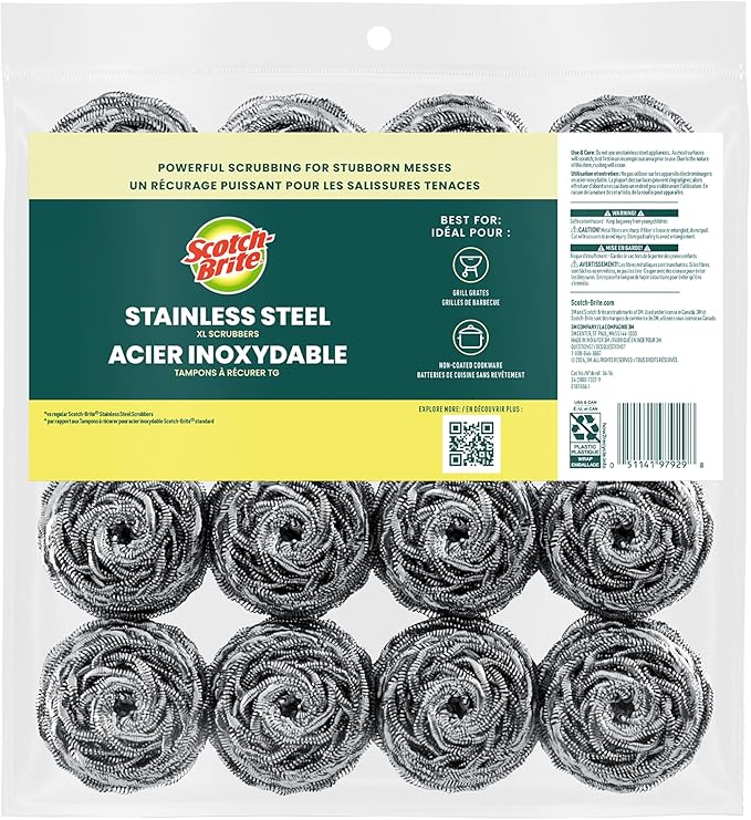 Scotch-Brite Stainless Steel Scrubbers, Scouring Pads for Cleaning Tough Baked-On Messes, Metal Scrubbers for Cleaning Dishes, 16 Scrub Pads