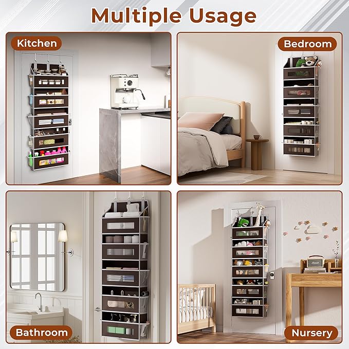 5 Tier Over The Door Organizer - Large Capacity Behind Door Hanging Shelves with 10 Mesh Pockets and Clear Windows, Closet Organizers and Storage for Bathroom, Bedroom, Nursery, 2 Pack Brown