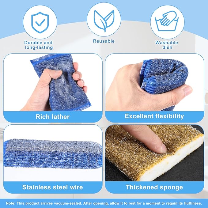 6 Pack Steel Wool Scrubber Sponges, Heavy Duty Stainless Steel Scouring Pads Reusable Non Scratch Metal Sponges Hand-Friendly Kitchen Cleaning Tool for Pots and Pans Tough Grease & Grime (3 Colors)