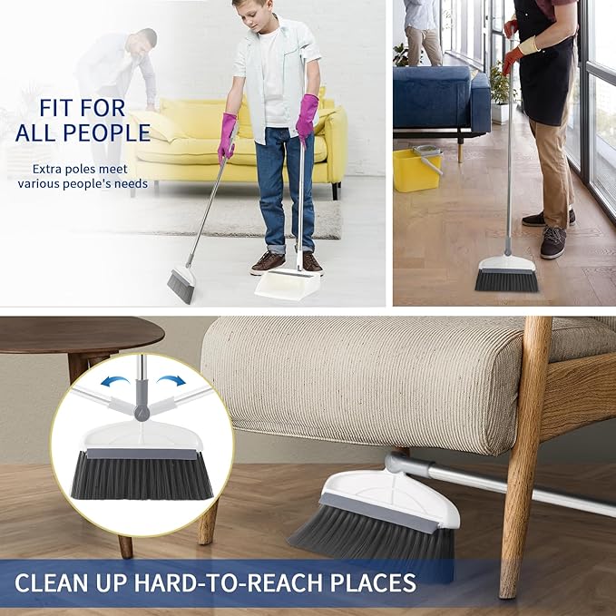 Broom with Dustpan Combo Set, 2 in 1 Broom and Dustpan Set with Long Handle, Upright 180° Rotating Broom with Brush and Lightwight Dust Pans for Home Kitchen Room Office Lobby Floor Cleaning，White
