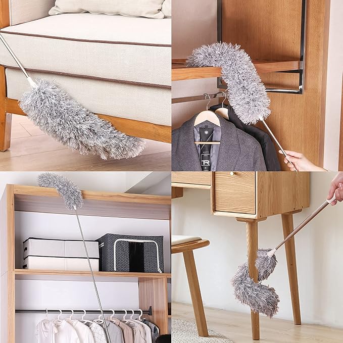 Dusters for Cleaning High Ceiling Fan, Newliton Microfiber Feather Duster with 30'' to 100'' Telescoping Extension Pole, Long Extendable Duster for Home Car Furniture Cobweb Gray