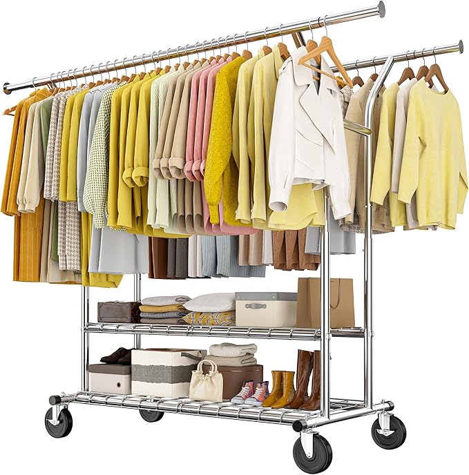 Raybee Clothing Rack Load 630 LBS, Clothes Racks for Hanging Clothes, Rolling Heavy Duty Clothing Rack, Metal Garment Rack for Clothes Storage Bedroom Closet Laundry Room