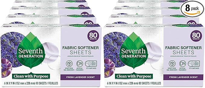 Seventh Generation Dryer Sheets Fabric Softener Fresh Lavender Scent with 100% Essential Oils and Botanical Ingredients 80 Sheets,(Pack of 8)