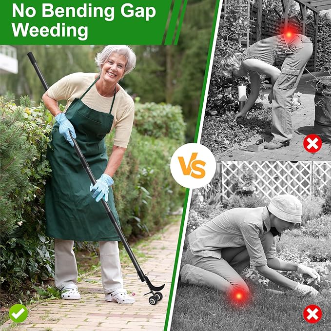 Crack Weeder Tool with Wheels 5.5FT Metal Crevice Weeding Tool with Adjustable Long Handle Saves Back & Knee Manual Weed Remover for Paver Deck Patio Driveway Sidewalk Garden