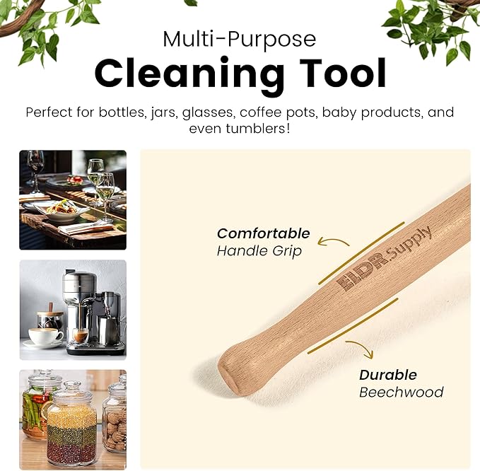 Bottle Brush, 14in Extra Long German Beechwood Handle, Strong Hemp Bristles, Zero Waste, Cleans and Scrubs Hard to Reach Wide Mouth Jars, Glasses, and Tumblers