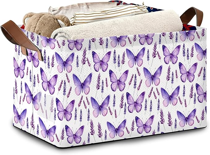 Lavender Storage Baskets,Purple Butterfly Foldable Organizer Bin with Handles for Home Living Room Bedroom Closet Box 17x11.5x10Inch