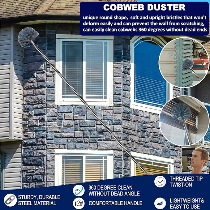 20 Ft+ High Reach Cobweb Dusting Kit with 3-14 Ft Extension Pole/Spider Web Brush & Ceiling Duster Microfiber Feather Duster with Washable Head for Cleaning Ceiling Fan, Furniture, Home