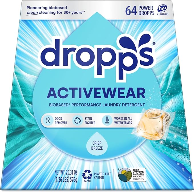 Dropps Activewear Laundry Detergent Pods, Crisp Breeze (64 Count) - Powerful Laundry Pods | Fights Sweat & Body Odors | For Synthetic Workout Clothes | Clean Ingredients | Plastic Free Packaging