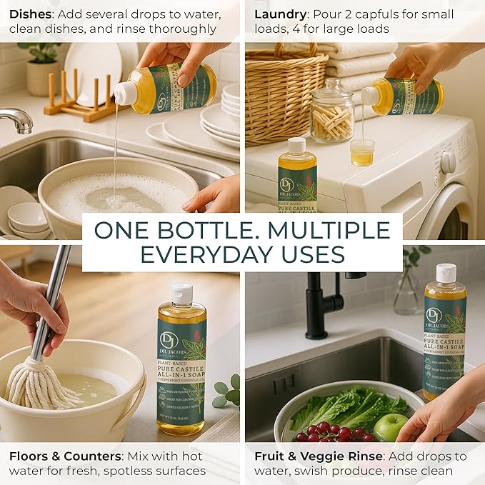 Dr. Jacobs Naturals Peppermint Castile All-in-One Cleaner and Soap - Plant-Based Formula for House Cleaning Floors and Appliances - Gentle on Skin and the Planet - 32 oz, 1 Pack