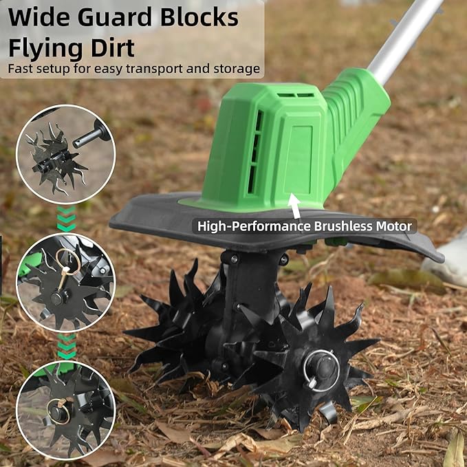 Cordless Tiller Cultivator, 360RPM Battery Powered Garden Cultivator, with 2 * 4.0Ah Batteries & Charger, 9In Tilling Width & 6In Depth Tiller for Gardening
