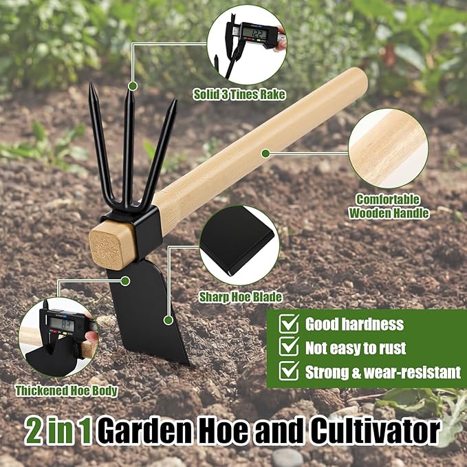 2 Pcs Garden Tools Hoe and Cultivator Garden Rake Bypass Pruning Shears 5/8-Inch Cut Capacity Clippers Gardening Scissors 2-In-1 Heavy Duty Gardening Hand Tools for Digging Weeding Cultivating
