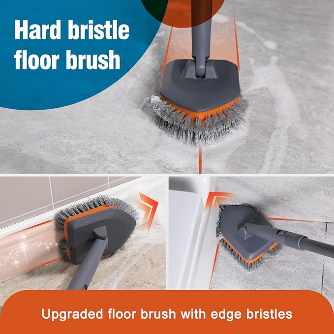 Tub Tile Scrubber Brush with 3 Different Function Cleaning Pads and 56" Extendable Long Handle-No Scratch for Cleaning Bathroom Kitchen Toilet Wall Sink,Orange