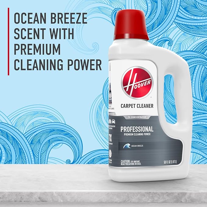 Hoover Prime Professional Carpet Cleaner Solution, 50 oz., Ocean Breeze Scent, Powerful Carpet Shampoo Solution, Remove Tough Stains from Carpet and Upholstery, Pair with Hoover Carpet Cleaner Machine