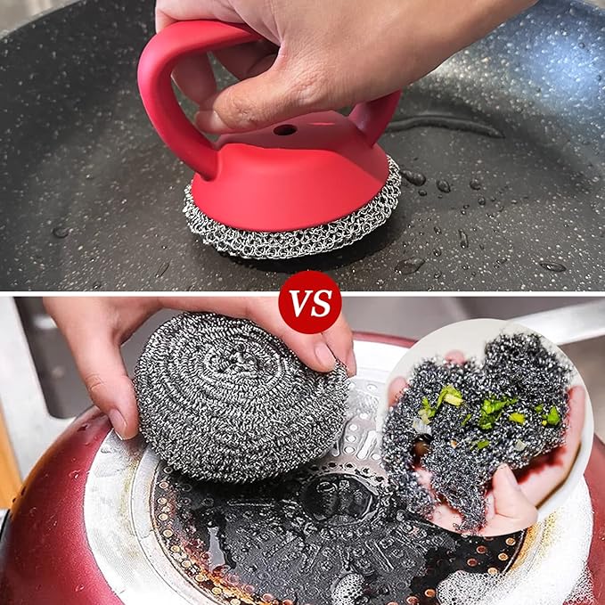MEIXINZHI Cast Iron Cleaner, Chain Mail Scrubber & Pan Grill Scrapers - 2 in 1 Cast Iron Skillet Cleaner (red, with mat)