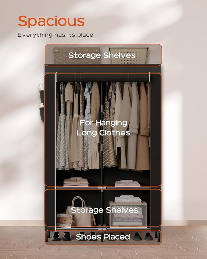 CASAMAYA Portable Closet, 34 Inch Large Capacity Wardrobe Closet with Cover, Clothes Storage Organizer with Shelves and 2 Hanging Rods, Easy to Assembly, Black PCT202B01