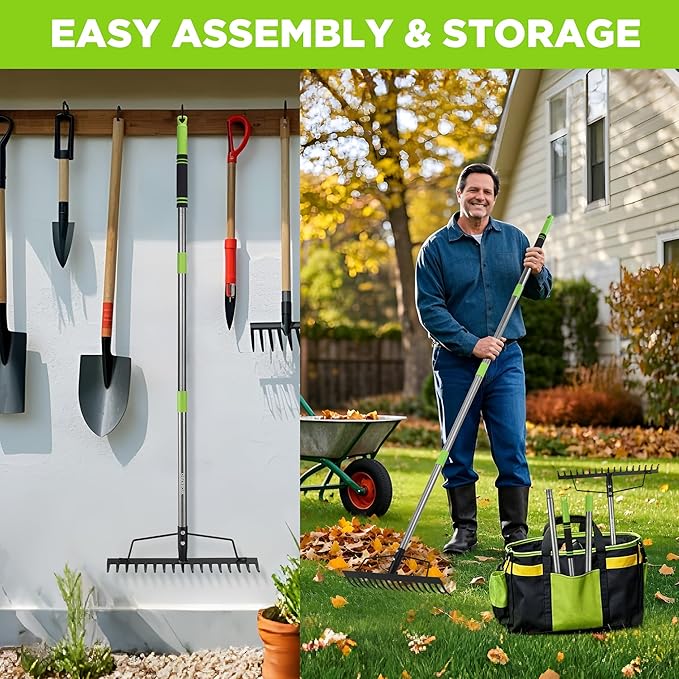 WORKPRO 65 Inch Bow Rake, 17 Tines Metal Head Rakes with High Strength Handle, Heavy Duty Garden Rake with Adjustable Handle for for Loosening Soil, Gathering Leaf, Leveling Lawn, Farming Land