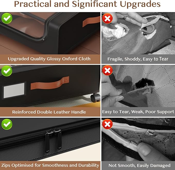 Under Bed Storage with Wheels, UnderBed Storage Containers with Clear Lid and Handles, XXL 60L Under the Bed Storage Bins Drawers for Clothes,Blankets,Shoes,Books (BLACK, 4 PACK)