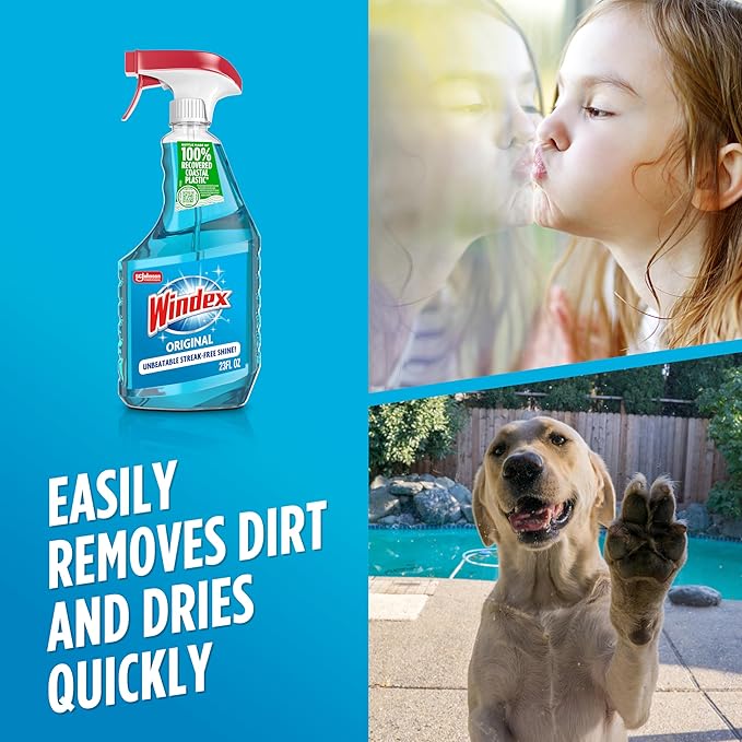 Windex Glass and Window Cleaner Spray Bottle, Bottle Made from 100% Recycled Plastic, Surface Cleaning Spray, Original Blue Scent, 23 Fl Oz (Pack of 6)