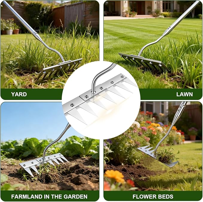 Weeding Rake w 45’’ Ergonomic Curved Handle, 2026 Upgraded 8 Teeth Stainless Steel Weed Puller Tool w Weeding Blade, Cultivator Rake Gardening Tools for Yard, Flower Beds & Loosening Soil