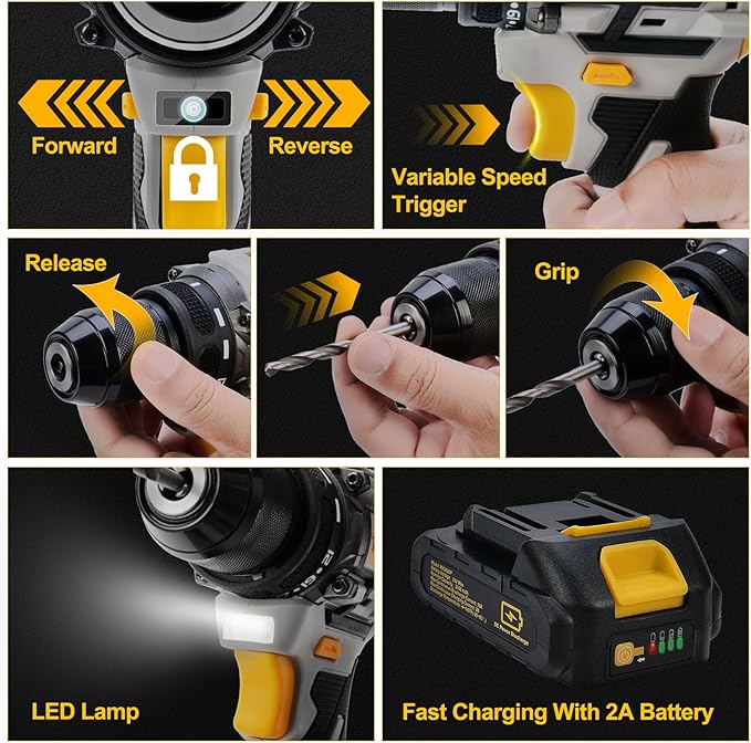 119 Pcs Cordless Drill Tool Kit Set; 20V Brushless Power Drill with 2.0Ah Battery, 10mm 3/8" Keyless Chuck, 60N.M & 21+1 Torque Setting Power Tool Set for DIY Garden House Office Repai
